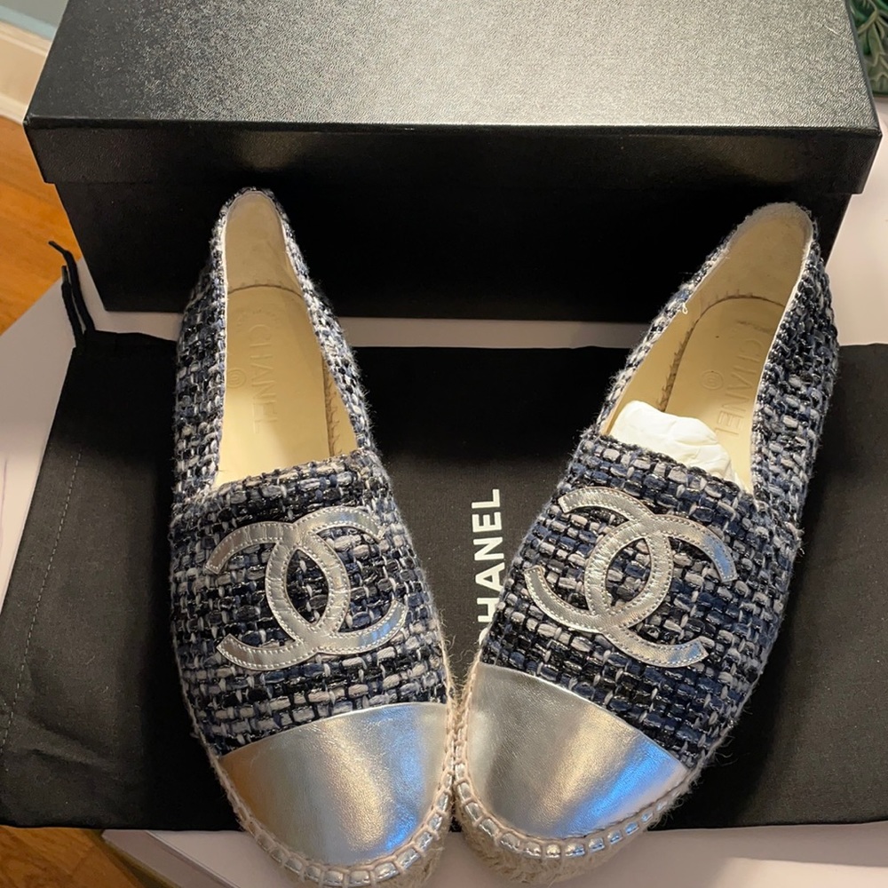 Chanel Navy & Silver Tweed Espadrilles